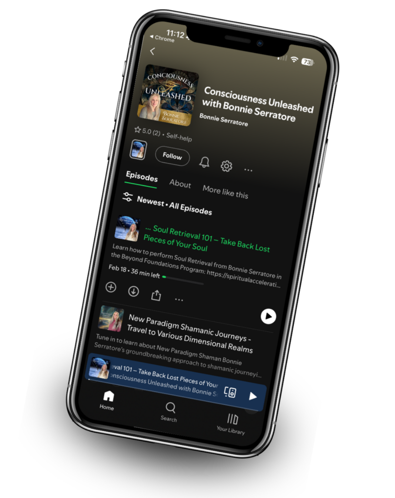 Mobile phone displaying the Consciousness Unleashed podcast on screen